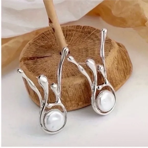 Silver Pearl Drop Contemporary Women’s Earrings - Picture 3 of 5